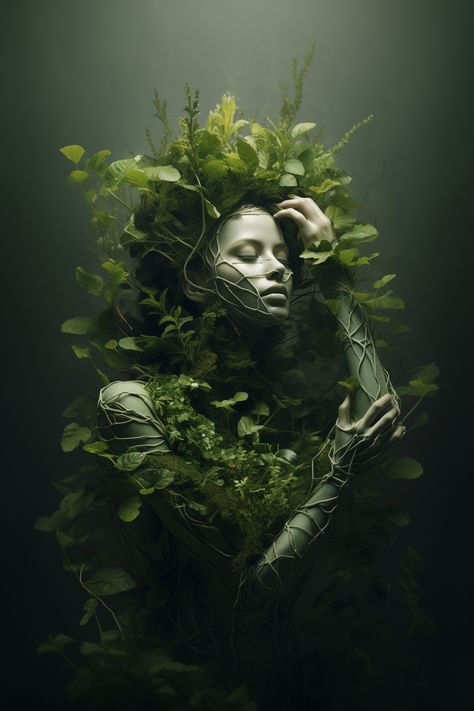 Top Midjourney Art mentored by ThetaCursed, License: CC BY-NC 4.0 Humans And Nature Art, Plant Woman Art, Forest Goddess Art, Mother Nature Art, Tree Goddess, Native American Art Projects, Nature Verte, Mother Earth Art, Green Woman