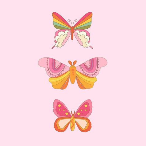 Premium Vector | Butterfly retro 70s 60s groovy hippie vector illustration set isolated on white Wallpaper Butterflies, Colorful Butterflies Art, Vector Butterfly, Moth Illustration, Butterfly Illustration, Minimalist Flowers, Hippie Wallpaper, Retro Illustration, Vector Clipart