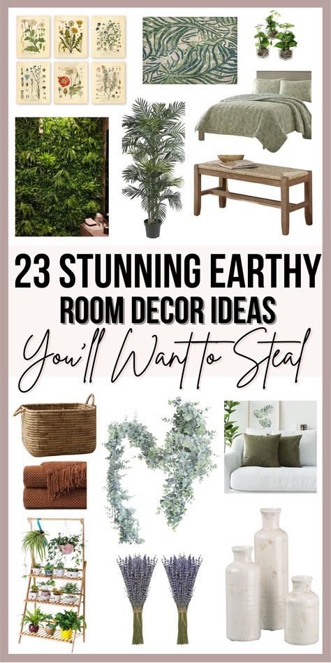 Looking to freshen up your space? Try these simple 23 earthy room decor ideas for the perfect earthy room aesthetic! Home Decor For Nature Lovers, Earth Tone Bedroom Decor Ideas, Room Nature Decor, Decore Rooms Aesthetic, Nature Bedroom Design, Natural Aesthetic Decor, Nature Inspired Living Room Cozy, Nature Home Decor Ideas, Earth Tones Decorating Ideas