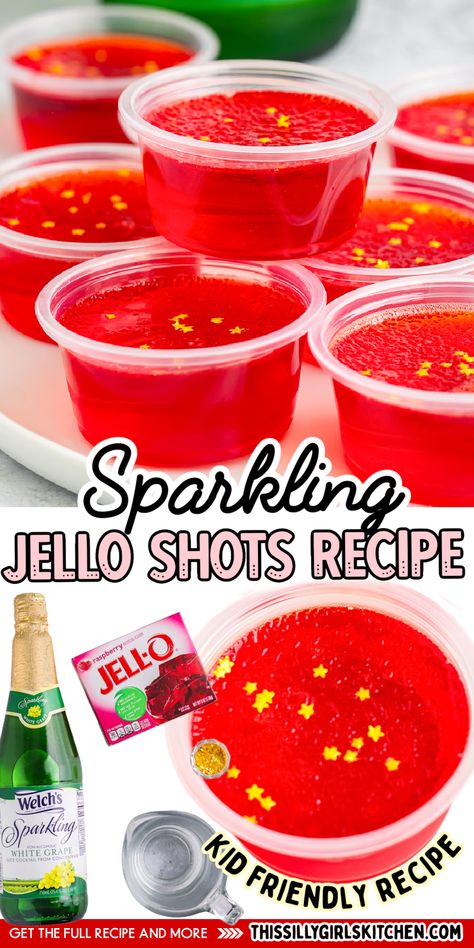 Jello shots, but kid-friendly? Yes, please! These sparkling jello shots from This Silly Girl's Kitchen are alcohol-free, but still just as fun as the boozy versions. These virgin jello shots are made with raspberry jello and sparkling grape juice for a delicious and fun treat the whole family can enjoy. Try them today! Jello Shots Virgin, Sparkling Jello Shots, Virgin Jello Shots Recipe, Alcohol Free Jello Shots, Nonalcoholic Jello Shots, Edible Glitter Jello Shots, Jello Shots Non Alcoholic, Kid Jello Shots, Shirley Temple Jello Shots