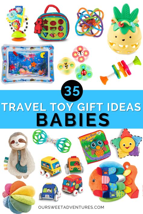 Need gift ideas for a baby? Here are the best travel toys for babies. From tummy time toys to rattlers, teething, sensory play, books, & more. #FamilyTravel #TravelTips | Travel Toys | Babies | Newborn | 1 Year Olds | Baby Toys | Tummy Time | Rattlers | Teething Toys | Sensory Toys | Sensory Play | Baby Books | Family Travel | Travel Tips | Baby Registry | Sensory Play Baby, Tummy Time Toys, Travel Equipment, Baby Sensory Play, Baby Activity Center, Toys For Babies, Babies Newborn, Austria Travel, Travel Toys