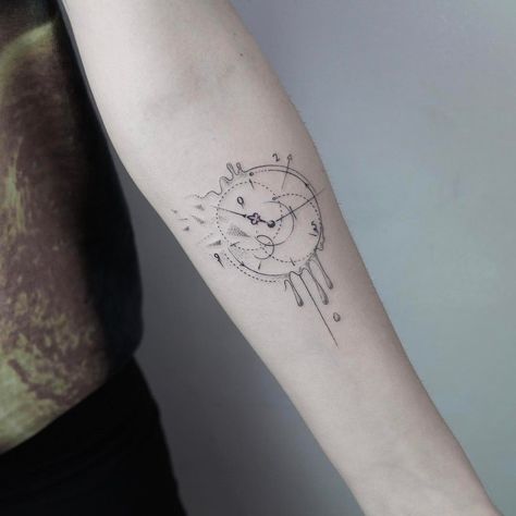 Dali Inspired Tattoo Geometric Clock Tattoo, Tattoo Design Minimalist, Tortoise Tattoo, Birthdate Tattoo, Abstract Clock, Memorial Tattoo Designs, Geometric Clock, Rib Tattoos For Guys, Astronaut Tattoo