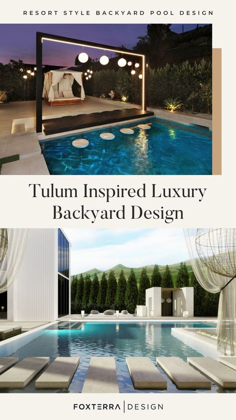 Wondering how to make your backyard look like a resort in Tulum? Read this post to learn how to recreate a Tulum style resort in your backyard! tulum exterior design, resort style backyard, resort landscape design, luxury backyards, resort backyard ideas, luxury resort style backyard, tulum inspired design, tulum home decor, tulum home decor, mexican style backyard design, mexican style outdoor space, outdoor oasis backyard with pool Tulum Inspired Backyard Pool, Tulum Pool Design, Tulum Style Backyard, Resort Style Pool Backyards, Tulum Backyard Ideas, Tulum Backyard, Resort Backyard Ideas, Tulum Inspired Backyard, Resort Backyard