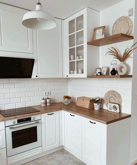 Wooden Kitchen Cabinets With White Appliances, Y’all Kitchen Cabinets, Small Kitchen Remodel 2023, Tony Kitchen Remodel, Kitchen Inspo Aesthetic Modern, Small Kitchen Remodel Boho, Modern Boho Kitchen Cabinets, New Build Kitchen Ideas Design, White Kitchen Cabinets With Wood Counter