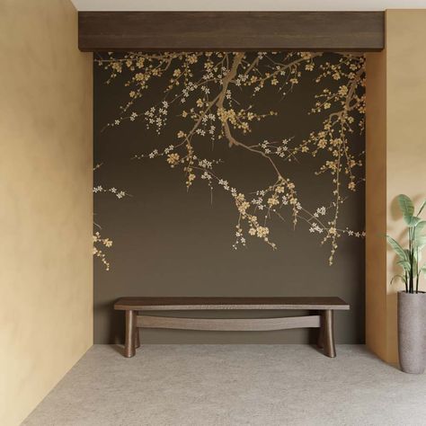 The National flower of Japan, the cherry blossom – or Sakura. Representing a time of renewal and optimism makes it the perfect design to adopt onto your walls. The brown-black background of this impactful colourway adds a subtle drama to an interior scheme, we’ve perfectly partnered with some rich paints to continue the drama of this design. Transform your walls and create a loving home with our unique range of digital wall murals. Crafted with passion here at Graham & Brown we have combined our Pure White Wallpaper, White And Silver Wallpaper, Black Wall Mural, Cherry Blossom Bedroom, Japanese Inspired Bedroom, Dark Brown Walls, Autumn Interior, Cherry Blossom Wallpaper, Brown Curtains