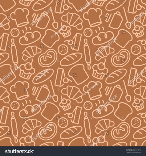 Bakery seamless pattern consisting of food and baking accessories line style for use decoration identity food market, cafe, bread house, cupcake firm, coffee shop, loaf store Zine Pack, Bread Shop, Food Baking, French Roast, Bakery Design, The Bakery, Tea Packaging, Baking Accessories, Food Market