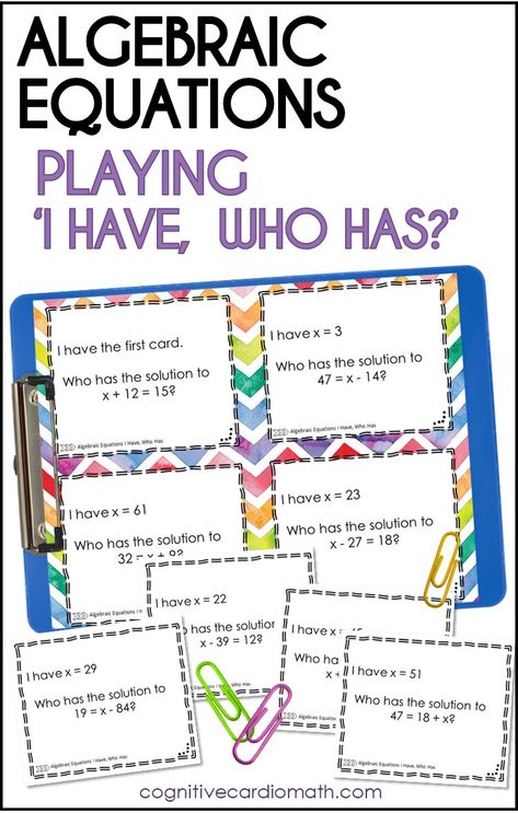 Algebraic Equations Activity: I Have, Who Has - Cognitive Cardio Math Algebra Games Middle School, One Step Equations Activities, Algebra Activities High School, Math Activities Middle School, Algebraic Expressions Activities, Learning Pods, Algebra Games, Pre Algebra Activities, Algebraic Equations