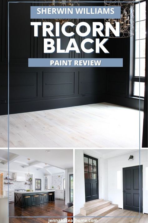 Are you looking for the perfect shade of black paint for an accent wall, kitchen island or even just your front door? Whether you want to go bold with all over color or just as a touch of contrast, Sherwin Williams Tricorn Black is one of the best shades of black paint. Read this full paint review to see if it's the right color for your home! Sherwin Williams Black Cabinets, Black Paint Kitchen Cabinets, Black Front Door Colors Sherwin Williams, Best Black Paint For Accent Wall, Black Paint For Kitchen Island, Painting Kitchen Island Black, Sherwin Williams Black Cabinet Color, Best Black Sherwin Williams Paint, Best Black Paint Color For Garage Door