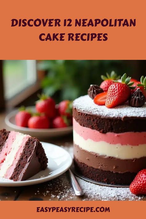 Layered Neapolitan cake with chocolate, strawberry, and vanilla layers, garnished with strawberries, next to a sliced piece on a plate. Neapolitan Cake, Layered Cakes, Easy Thanksgiving Recipes, Creative Cupcakes, Sheet Cakes, Layered Cake, Layer Cakes, Bundt Cakes, Tacos Beef