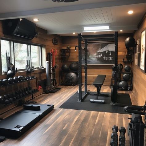 Home Gym Wood Floor, Home Gym Man Cave, Home Gym Unfinished Basement, Indoor Gym Ideas, Gym Space Design, In House Gym, House Gym Room, Gym In Garage, Gym In House