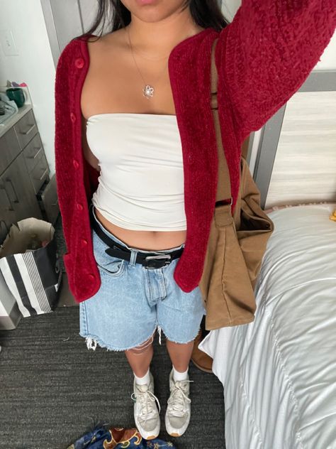 Red Cami Outfit, Red Tube Top Outfit, Cardigan Casual Outfit, Red Tank Top Outfit, Red Cardigan Outfit, Casual Outfit School, Red Top Outfit, Jorts Outfit, White Tops Outfit