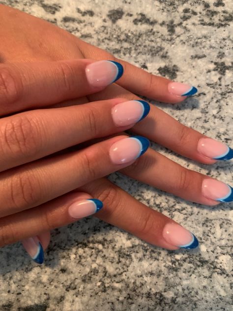 French Tip 2 Colors, French Tips Acrylic Colorful, Blue Gel French Tip Nails, French Tip With 2 Colors, Blue French Tip Almond Acrylic Nails, Acrylics Nails French Tip, Blue Nails Ideas French Tip, Gel Manicure Ideas For Short Nails Blue, Light Blue And Dark Blue French Tip Nails