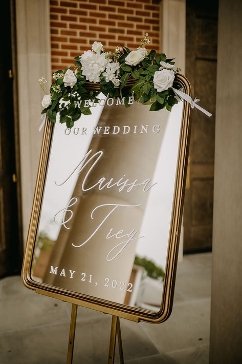 Romantic White and Sage Green Ybor City Wedding | Hotel Haya | Photography by Wedding Mirror Guest Book, Mirror Wedding Sign Welcome, Wedding Signage On Mirrors, Gold Mirror Wedding Sign Writing, Welcome Sign Front Door Wedding Ceremony Decor, Welcome To The Wedding Sign Mirror, Mirror Entry Sign Wedding, Welcome Wedding Sign On Mirror, Gold Frame Wedding Welcome Sign