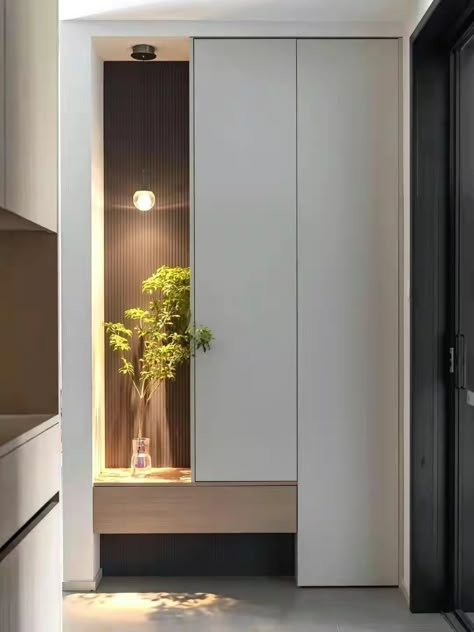 Entrance Cupboard, Entryway Ideas Modern, Small Entrance Halls, Foyer Cabinet, Faux Stone Walls, Apartment Entrance, Foyer Entrance, Architectural Lighting Design, Contemporary Living Room Design