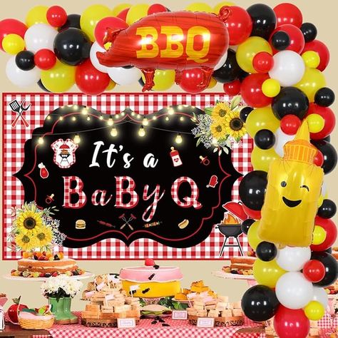 Amazon.com: BBQ Baby Shower Decorations for Boy Girl - It’s A BabyQ Backdrop, Baby Q Balloon Arch Kit with Sauce Bottle BBQ Pig Foil Balloons, Barbecue Themed Gender Reveal Picnic Party Supplies : Toys & Games Gender Reveal Bbq Food, Baby Shower Bbq Decorations, Bbq Balloon Arch, Gender Reveal Picnic, Bbq Baby Shower Decorations, Barbecue Baby Shower, Bbq Decorations, Themed Gender Reveal, Bbq Theme