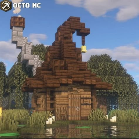 Halloween Themed Minecraft Builds, Minecraft Goblin House, Minecraft Witch Hut Ideas, Minecraft Seating Area, Swamp Builds Minecraft, Halloween House Minecraft, Minecraft Nature Ideas, Halloween Minecraft Houses, Minecraft Bell Tower