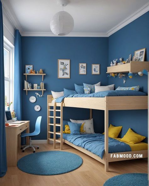 Blue And Green Kids Room, Bedroom With Study Area, Blue Kids Bedroom, Bedroom With Study, Boys Room Paint Colors, Boys Bedroom Colors, Green Kids Rooms, Dark Blue Rooms, Soft Blue Walls