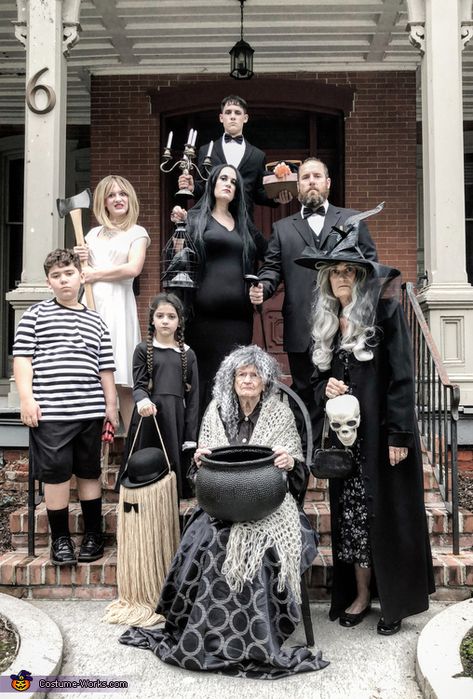 Halloween Adams Family Decoration, Adam’s Family Halloween Party, Addams Family Grandma Costume, Adams Family Halloween Decor, Grandmama Addams Costume Diy, Adam’s Family Couple Costume Diy, Uncle Fester And Debbie Costume, Adam’s Family Trunk Or Treat Ideas, Addams Family Photo Shoot