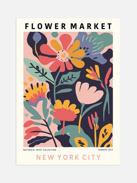 Add a pop of colour to your walls with this New York Flower Market print. The print features a colourful floral design and a modern typographic layout. Perfect for any home or office interior, it makes an ideal gift for friends and family. Flower Market New York Poster, Flower Market Posters, Wildflower Mural, New York Flower, Typographic Layout, Flower Market Print, Market Poster, Lino Art, Flower Market Poster