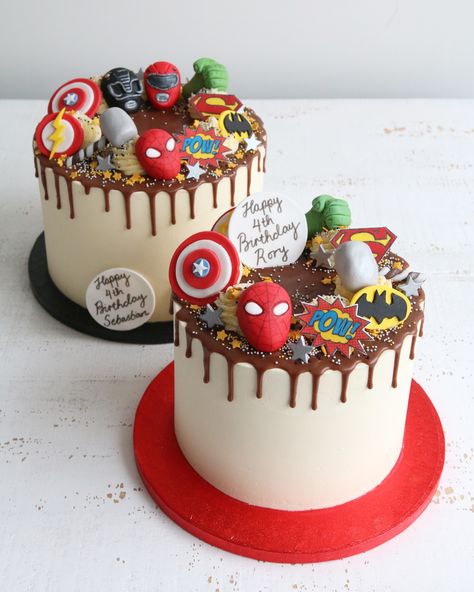 Superhero Birthday Drip Cakes #superheroparty #superherocake #marvelcake #dccake #superherobirthdaycake Simple Marvel Cake, Dc Cake, Marvel Birthday Cake, Birthday Drip Cake, Disney Frozen Cake, Marvel Birthday, Bolo Frozen, 6th Birthday Cakes, Marvel Cake