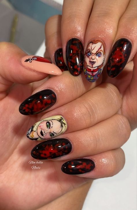 Jigsaw Nail Art, Chucky And Tiffany Nail Art, Chuckie Nails, Chucky And Tiffany Nails, Bride Of Chucky Nails, Chucky Nails Acrylic, Halloween Character Nails, Chucky Nail Art, Michael Myers Nails