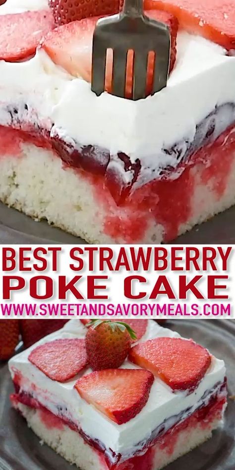 Easter Strawberry Desserts, Strawberry Birthday Desserts, Strawberry Poke Cake Jello, Strawberry Desserts Recipes, Strawberry Poke Cake Recipe, Easter Poke Cake, Recipes With Strawberries, Non Chocolate Desserts, Strawberry Poke Cake