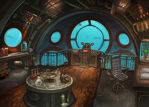 Contract Artwork | Matt Gaser Nautilus Submarine Interior, Steampunk Submarine Interior, Underwater Bunker, Ship Control Room, Submarine Inside, Cartoon Submarine, Ville Steampunk, Submarine Interior, Submarine Craft