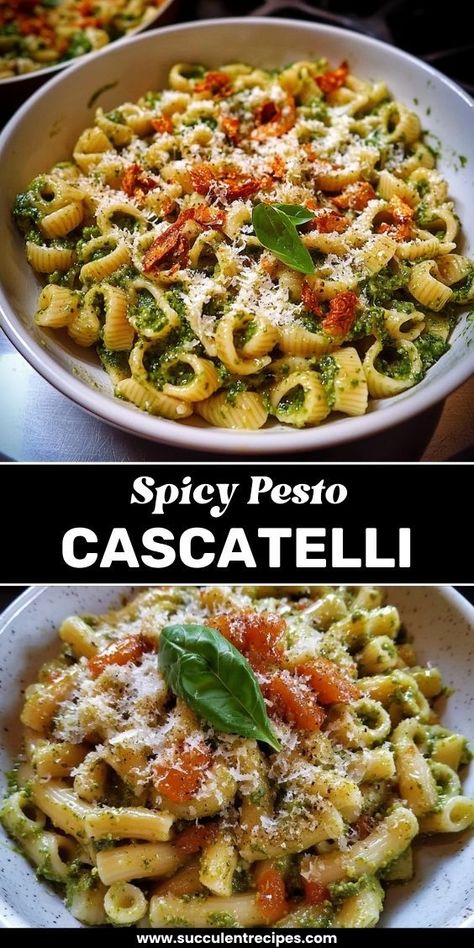 Elevate your pasta nights with Spicy Pesto Cascatelli! Bold pesto with a kick of heat perfectly coats this unique, textured pasta. Spicy Pesto Pasta, Unique Pasta Recipes, Spicy Pesto, Unique Pasta, Pasta Night, Pasta Sauce Recipes, Quick Weeknight Dinners, Indulgent Desserts, Pesto Sauce