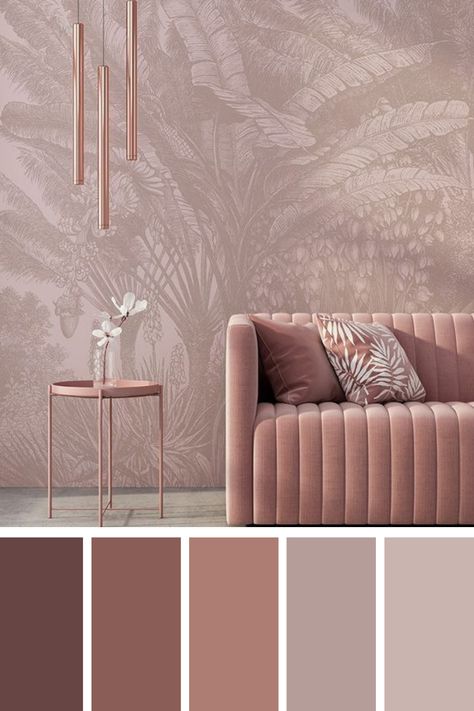 The dusty pink color palette in this interior design setting blends soft, muted pinks in the sofa and wallpaper, creating a stylish and calm living space. The light tones paired with delicate details evoke a peaceful and modern ambiance. Dusty Pink Color Palette, Color Scheme Generator, Pink Color Palette, Dusty Pink Color, Color Palette Pink, Different Shades Of Pink, Palette Color, Color Harmony, Color Palette Generator