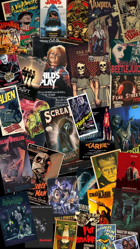 #myfirstshuffle Horror Movie Wall Collage, Horror Movie Lockscreen Aesthetic, Horror Characters Background, Horror Movie Iphone Wallpaper, Horror Ipad Wallpaper, Horror Movie Moodboard, 80s Horror Aesthetic Wallpaper, Horror Movie Collage Wallpaper, Retro Horror Wallpaper