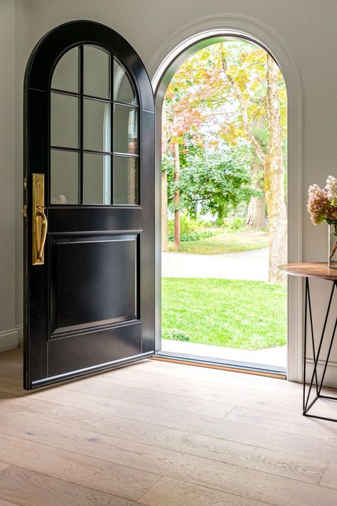 Modern Foyer Design, Arched Interior Doors, Arched Front Door, Modern Foyer, Open Floor Concept, Traditional Front Doors, Portsmouth New Hampshire, Cape Cod Style House, Double Door Design