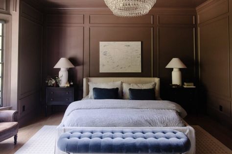 Slow Decorating in Our Bedroom - Chris Loves Julia Chris Loves Julia Bedroom, Panelling Inspiration, Chris Loves Julia Loloi, Bedroom Paneling, Brown Bedroom Walls, Dark Brown Bedrooms, Marsh House, Brown Interiors, Dark Brown Walls