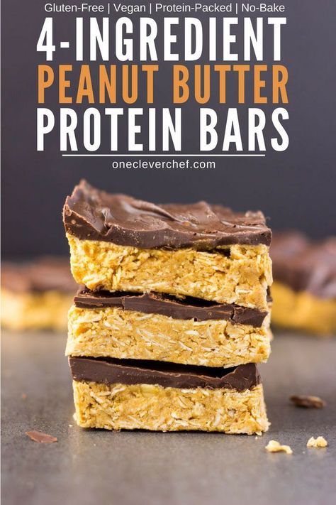 These 4-ingredient peanut butter & oatmeal bars are healthy, no-bake, and protein-packed. These delicious, clean eating Reese flavored protein bars are the perfect post-workout treat. Quick and easy to make, it only takes one bowl and a few minutes of your time to whip those up. Rolled oats are used for the base of this flourless recipe, which is also vegan, dairy-free, gluten-free and... guilt-free! | onecleverchef.com Oatmeal Protein Bars, Dairy Free Protein Bars, Oatmeal Protein, Dairy Free Protein, Bars Healthy, Peanut Butter Oatmeal Bars, Peanut Butter Protein Bars, No Bake Peanut Butter, Healthy Protein Snacks