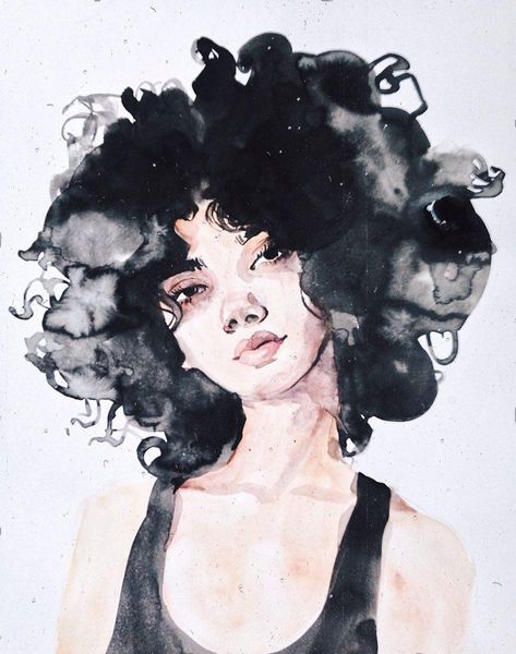 Face Portraits, Watercolor Face, Fashion Illustration Watercolor, Illustration Watercolor, Art Watercolor, A Drawing, Fashion Illustration, Black Hair, Hair