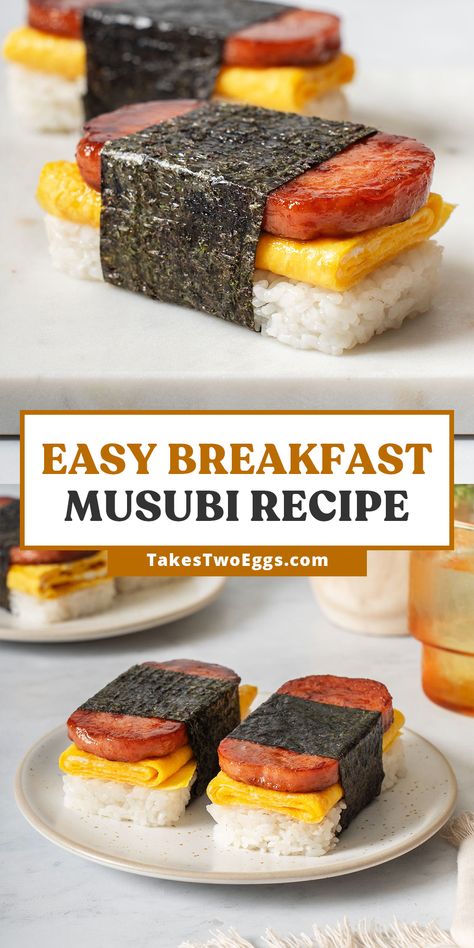 This Hawaiian spam musubi with egg is the easy breakfast your tastebuds deserve. Layered with sweet and salty caramelized spam, a soft rolled omelette, and soft and springy, seasoned sushi rice with a touch of roasted seaweed. This breakfast spam musubi recipe is so incredibly easy to make! Spam Egg Musubi, Breakfast Spam Musubi, Spam Nori Wrap, Sushi With Egg, Spam And Egg Musubi, Rolled Egg Omelette, Sushi With Spam, Spam And Rice Wrapped In Seaweed, Egg Sushi Rolls