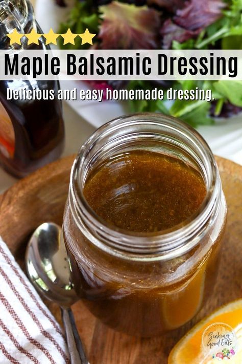 This Maple Balsamic Dressing is the perfect vinaigrette salad dressing! Pair with your favorite salad, use as a marinade or as a dipping sauce. The possibilities are endless - and delicious! Only 5 minutes and 7 ingredients to make this healthy vinaigrette recipe! Make it keto using a sugar free maple syrup. Maple Balsamic Dressing Vinaigrette, Best Homemade Vinaigrette, How To Make Vinegarette Dressing, Salad Dressing Maple Syrup, Salad Dressing Recipes With Maple Syrup, Sweet Vinegarette Dressing Recipe, Maple Syrup Vinaigrette Dressing, Maple Syrup Dressing Vinaigrette Recipe, Maple Vinegrette Dressing