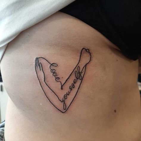 Love Yourself Hug Heart Design American Classic Tattoo, Self-love Tattoo Ideas, Saint Tattoo, Love Yourself Tattoo, Self Love Tattoo, 13 Tattoos, Classic Tattoo, Line Tattoo, Line Tattoos