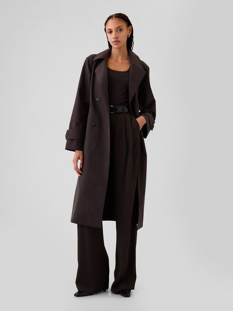 Smooth, water repellent trench coat.  Notch collar.  Long sleeves with button cuffs and smooth lining.  Double button front.  Front slant pockets.  Tie belt at waist.  Fit: Relaxed.  A straight & easy fit.  For a Classic fit, go down one Long Fall Coats For Women, Dark Brown Trench Coat Outfit, Women’s Coats, Dark Brown Trench Coat, Brown Trench Coat Outfit, Long Fall Coat, Virgo September, Petite Trench Coat, Fall Trench