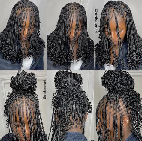 Parting Front Of Hair For Braids, Short Small Braids With Curly Ends, Short Knotless With Curls At The End, Small Short Knotless Braids With Curls, Mid Length Knotless Braids With Curls, Small Box Braids Curly Ends, Small Braids With Curls At The End, Braids With Curls At The End Short, Trendy Braids 2023