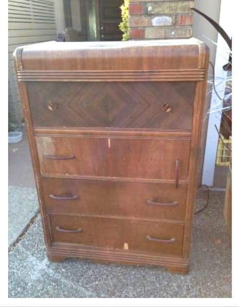 Vintage Waterfall Dresser Makeover Waterfall Dresser Makeover, Hutch Redo, Waterfall Furniture, Art Deco Bedroom Furniture, Furniture Refurbishing, Waterfall Dresser, Dresser Makeovers, Restored Furniture, Dresser Refinish