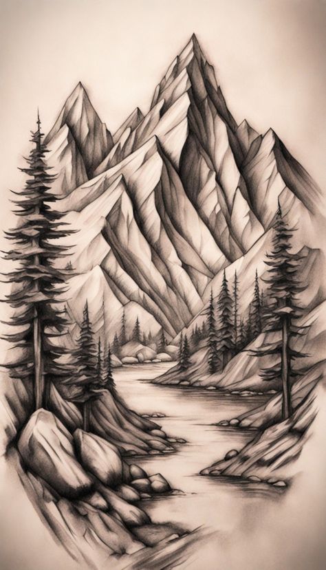 Mountain And Trees Drawing, Mountain And Stream Tattoo, Black And Grey Mountain Tattoo, Mountain Trees Drawing, Mountain Background Tattoo, Mountain Scene Tattoo Design, Mountain And Trees Tattoo Design, Mountain Tattoo Stencil, Tree And Mountain Tattoo