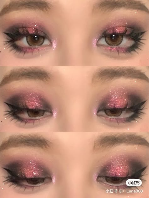 Pink Dark Makeup Looks, Pink Cute Makeup Look, Fushia Eyeshadow Make Up, Black And Hot Pink Makeup, Draculara Inspired Makeup, Pink And Purple Douyin Makeup, Draculaura Makeup Simple, Draculaura Cosplay Makeup, Draculaura Eye Makeup