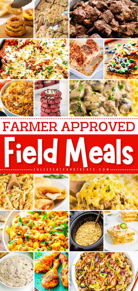 Tons of inspiration for field friendly meals that will feed your hungry farmers through the spring and fall. The best part, these are all tested by a farm family and given their approval. Everything from sliders, casseroles, sandwiches and more! Meals That Feed A Lot, Easy Handheld Meals, Dinners For Farmers, Farmer Approved Tractor Meals, Tractor Friendly Meals, Easy Farm Field Meals, Harvest Meals To Take To The Field, Lunch Ideas For Farmers During Harvest, Farming Meal Ideas