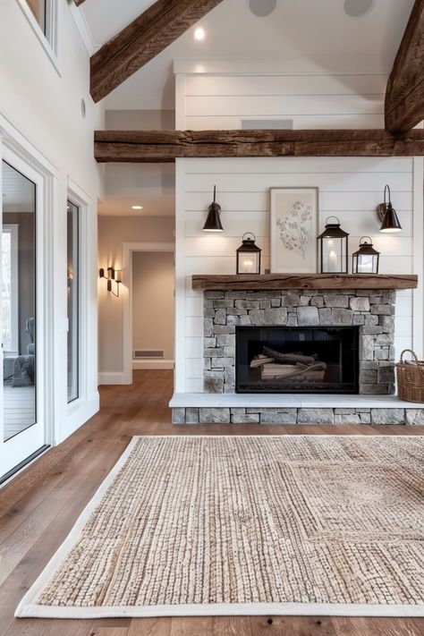 15 Stylish Shiplap Fireplace Ideas to Transform Your Living Space – Everyday Inspo Gas Fireplace With Shiplap Wall, Fireplace Stone On Bottom Wood On Top, Fireplace In Dining Room Ideas Farmhouse, Stone Fireplace And Shiplap Walls, Fireplace Insert Living Room, Doors On Each Side Of Fireplace, Sunrooms With Fireplace, Fireplace With Wrap Around Hearth, Stone And Shiplap Wall