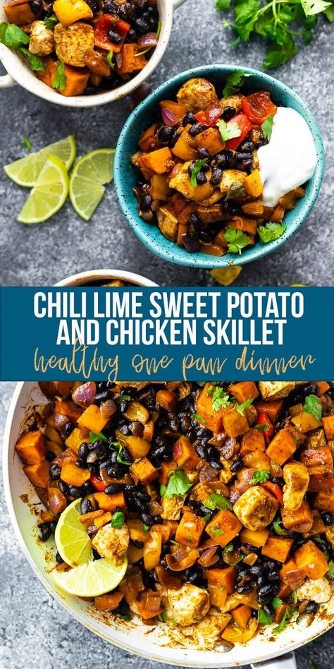 This Chili Lime Sweet Potato and Chicken Skillet recipe is a healthy one pan dinner recipe with delicious Southwestern flavor. Perfect recipe for meal prep. Serve with a dollop of yogurt and a squeeze of lime! #sweetpeasandsaffron #chickenskillet #onepanmeal #onepan #mealprep Meals With Roasted Sweet Potatoes, Chili Lime Sweet Potato And Chicken Skillet, Healthy Skillet Dinners Clean Eating, Healthy Dinner One Pot Meals, Lite Healthy Dinners, Meal Preps With Sweet Potatoes, Weeks Lunch Meal Prep, Healthy Dinner Recipes Skillet, Quinoa Bowl With Sweet Potato And Chicken