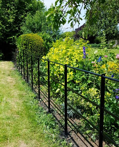 Iron Fencing Ideas Front Yards, Solid Garden Gates, Garden Metal Fence, Wrought Iron Garden Fence, Metal Fence Landscaping, Garden Railings Ideas, Garden Fences And Gates, Estate Railings, Low Garden Fence