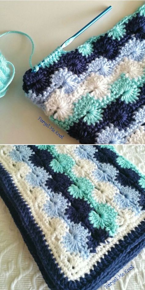 Go for contrasting colors to truly showcase the beauty of this stitch, just like the crocheter behind Forget Me Knot did here. In the photos you can see a stunning combination of various blues and cream. Such baby blanket will fit any gender and nursery style, so it's a fantastic idea for a baby shower gift. #freecrochetpattern #crochetpattern #catherinewheelstitch #catherineswheelstitch Catherine Wheel Crochet Pattern Free, Catherine’s Wheel Crochet Pattern, Catherines Wheel, Catherine Wheel Stitch, Wheel Crochet, Sunflower Blanket, Catherine Wheel, Crochet Diagrams, Crochet Throw Pattern