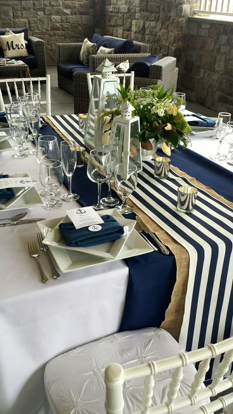 Nautical Themed Dinner Party, Navy Rehearsal Dinner Decorations, Elegant Nautical Decor, Elegant Nautical Party Decor, Navy And White Table Setting, Nautical Rustic Wedding, Navy Retirement Centerpieces, Navy Table Decor, Nautical Reception Decor