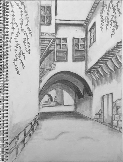 Easy Sketches Beginners, Drawing Ideas Pencil Easy Simple Landscape, Old Street Drawing, Simple Landscape Drawing Sketch, Scenery Sketches Pencil Easy, Easy Landscape Ideas Drawing, Landscape Pencil Drawings Easy, Landscape Sketch Easy, Good Art Ideas