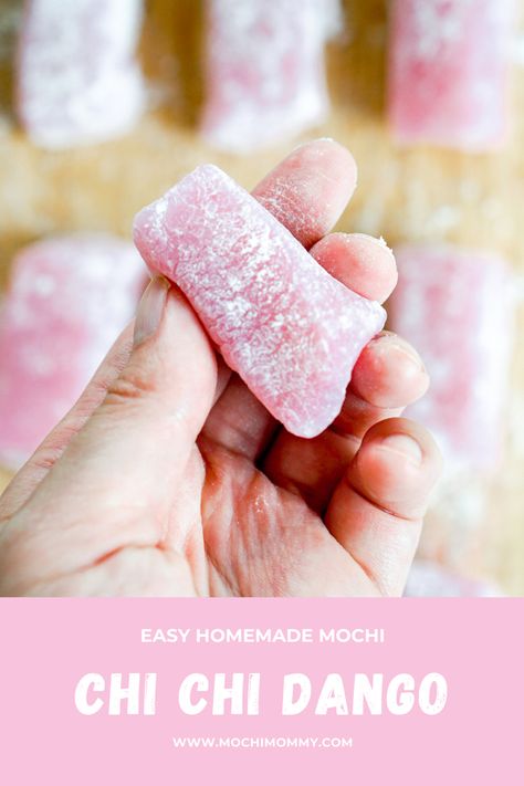 Closeup of a hand holding a pink mochi piece Chi Chi Dango Mochi Recipe, Chi Chi Dango, Mochi Recipe Microwave, Easy Mochi, Homemade Mochi, What Is Mochi, Pink Mochi, Dango Recipe, Butter Mochi